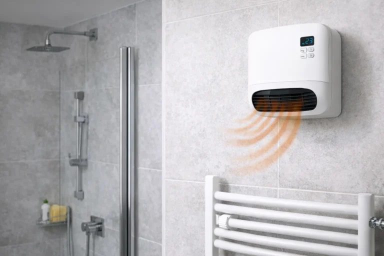 Radiateur soufflant salle de bain : guide complet pour choisir et installer en sécurité 3 Radiateur soufflant mural de salle de bain installé en hauteur près de la douche pour une montée rapide en température en toute sécurité