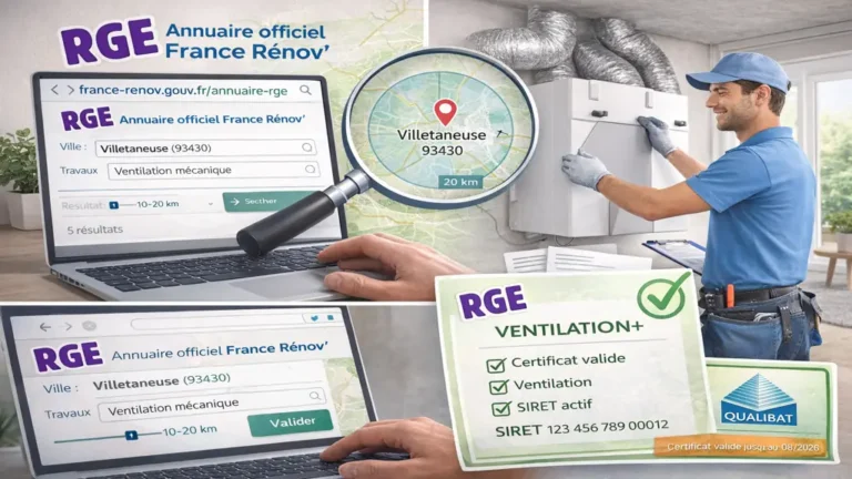 Installateur VMC certifié RGE à Villetaneuse : trouver et vérifier le bon artisan 2 Installateur VMC certifié RGE intervenant dans un logement à Villetaneuse en Seine-Saint-Denis, pour la pose d’une ventilation mécanique simple ou double flux éligible aux aides MaPrimeRénov.