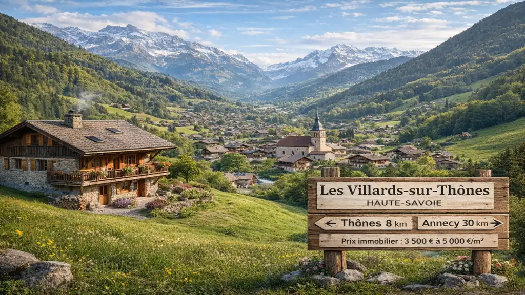 Vue panoramique de Les Villards-sur-Thônes en Haute-Savoie avec chalets savoyards, église du village et montagnes alpines en arrière-plan
