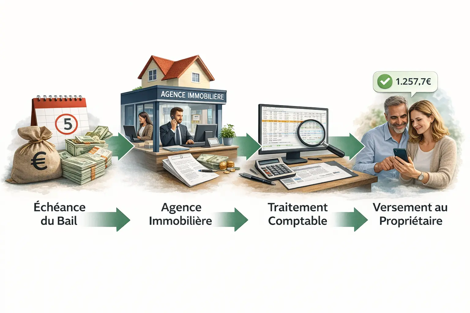 Schéma illustrant le processus de versement du loyer par une agence immobilière au propriétaire, de l’échéance du bail au virement après traitement comptable