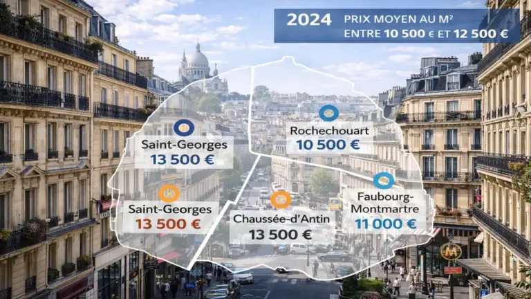 Rue du 9e arrondissement de Paris avec immeubles haussmanniens, commerces et animation urbaine, illustrant le marché immobilier et les prix au mètre carré dans le 75009.