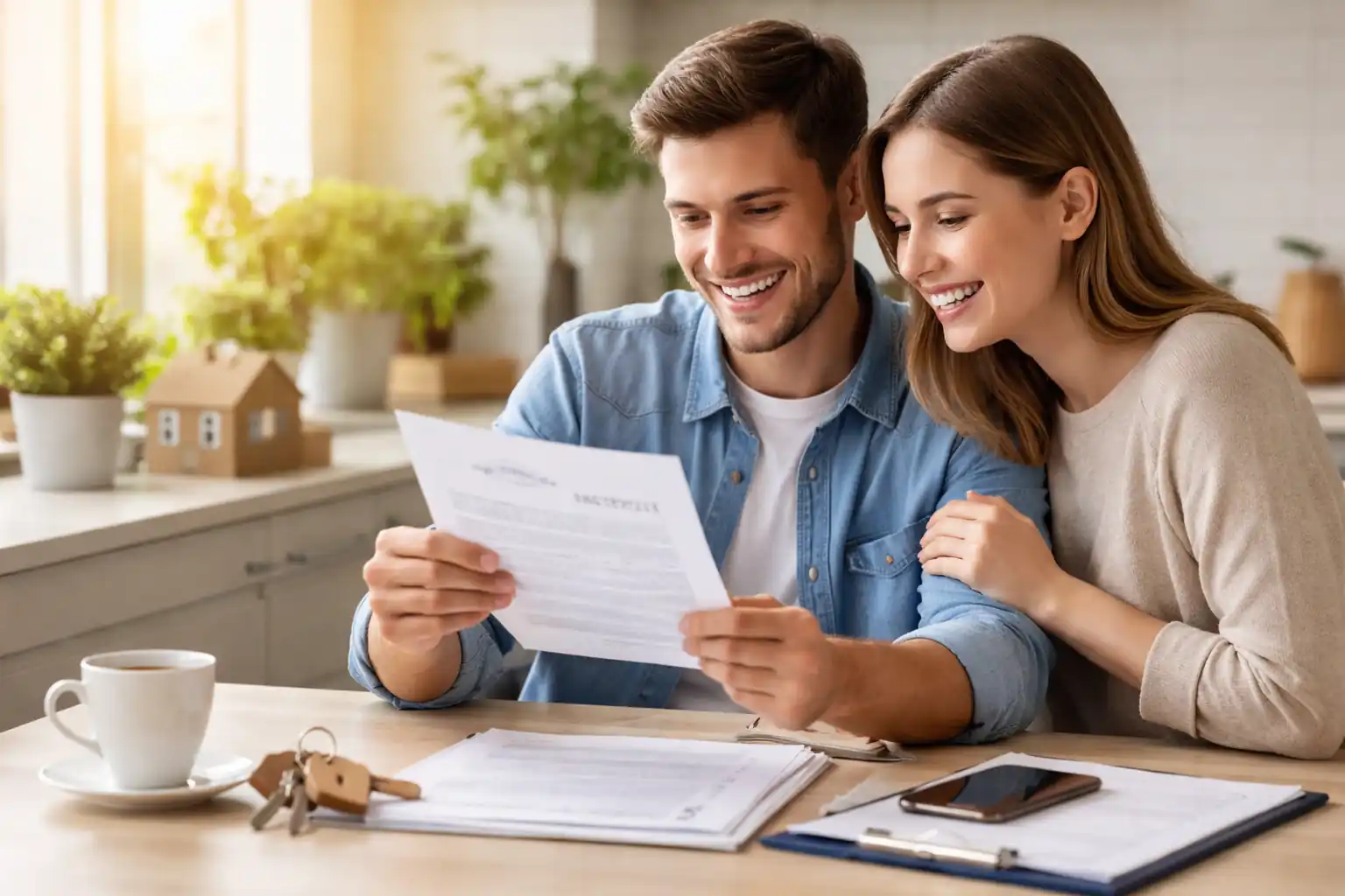 Avis favorable de la commission d'attribution : ce que ça signifie et quoi faire maintenant 1 Couple heureux consultant un courrier d’avis favorable de la commission d’attribution pour un logement social, avec clés et dossier administratif sur la table.