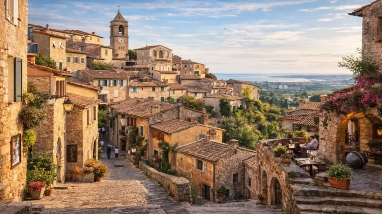 Acheter dans le vieux village de Biot : prix, biens et charme du centre historique 8 Ruelles pavées et maisons en pierre du vieux village de Biot dans les Alpes-Maritimes, avec vue panoramique et ambiance provençale