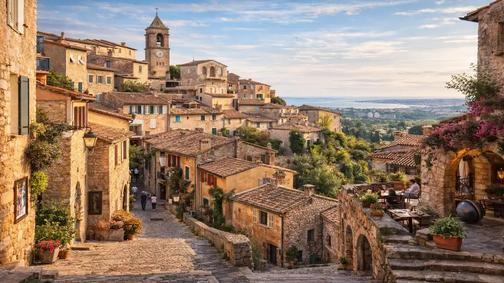 Acheter dans le vieux village de Biot : prix, biens et charme du centre historique 1 Ruelles pavées et maisons en pierre du vieux village de Biot dans les Alpes-Maritimes, avec vue panoramique et ambiance provençale