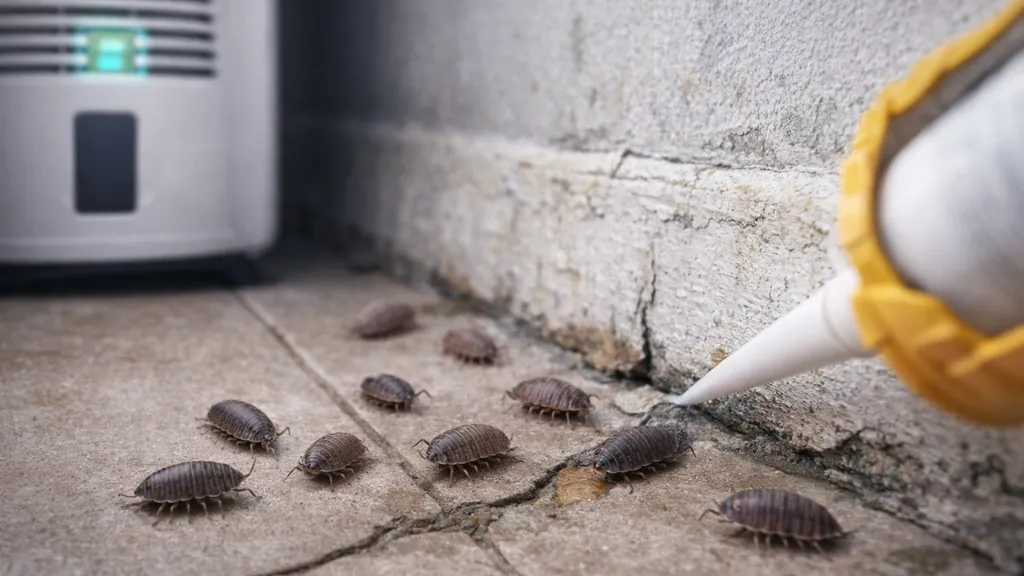 Cloportes dans la maison : pourquoi ils entrent et comment s'en débarrasser durablement 1 Cloportes dans une maison près d’une plinthe fissurée et humide, avec traces d’humidité au mur et un pistolet à mastic illustrant le colmatage des accès.