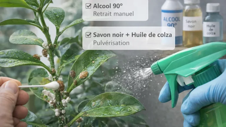 Traitement des cochenilles sur plante d’intérieur : retrait au coton-tige avec alcool 90° et pulvérisation de savon noir + huile, gros plan sur feuilles infestées.