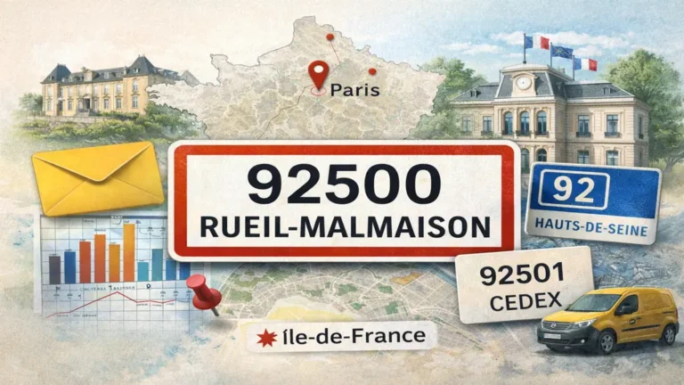 Illustration du code postal de Rueil-Malmaison 92500 avec carte de localisation en Île-de-France, mairie et repères administratifs des Hauts-de-Seine