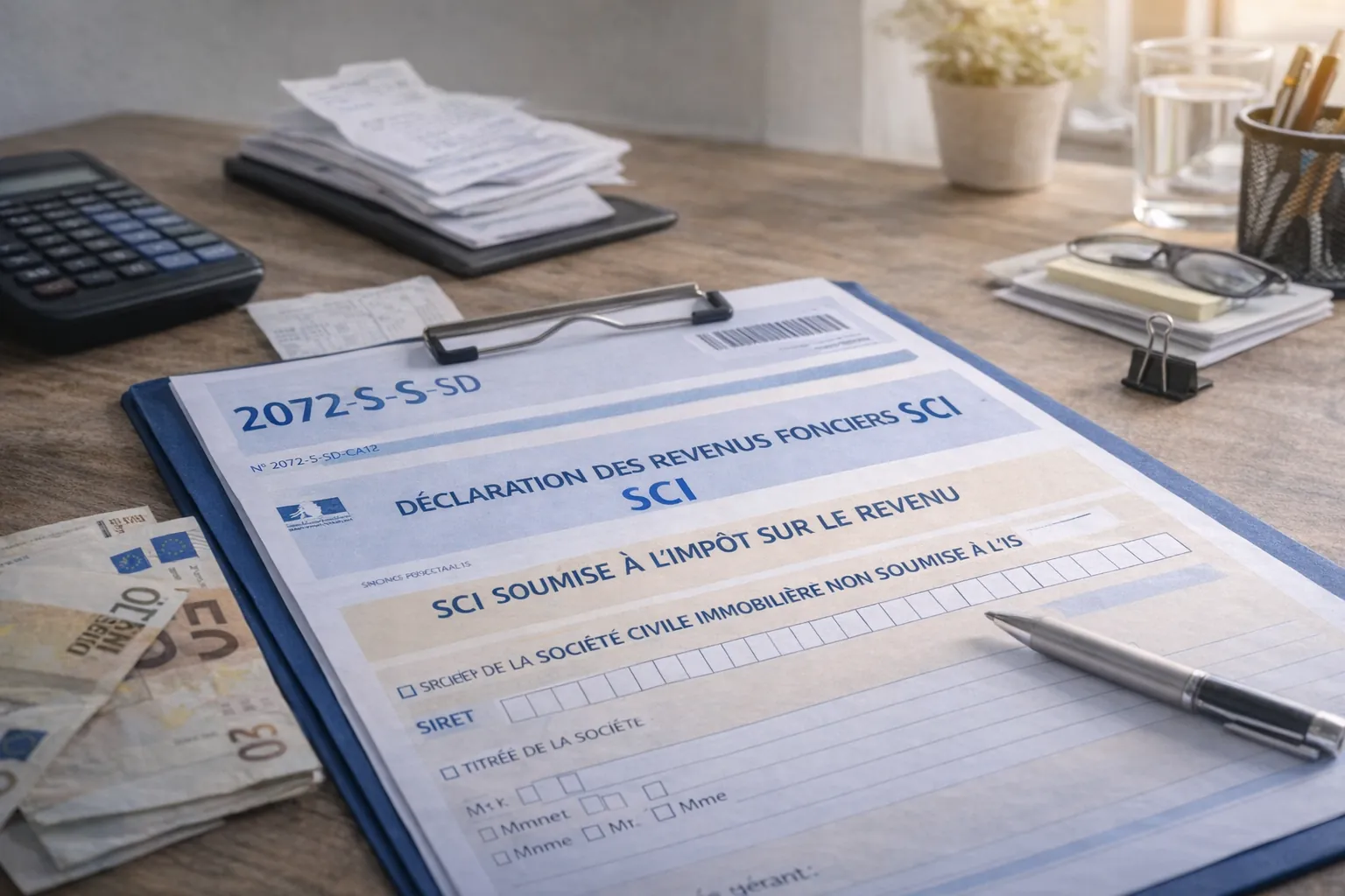 Formulaire fiscal 2072 de SCI posé sur un bureau avec calculatrice et billets en euros pour déclaration des revenus fonciers.