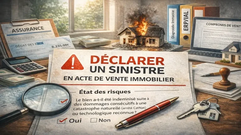 Illustration montrant la déclaration d’un sinistre dans un acte de vente immobilier avec état des risques, documents d’assurance et indemnisation