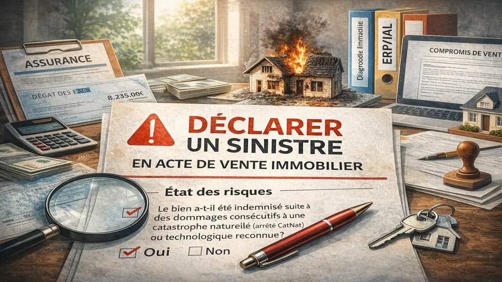 Illustration montrant la déclaration d’un sinistre dans un acte de vente immobilier avec état des risques, documents d’assurance et indemnisation