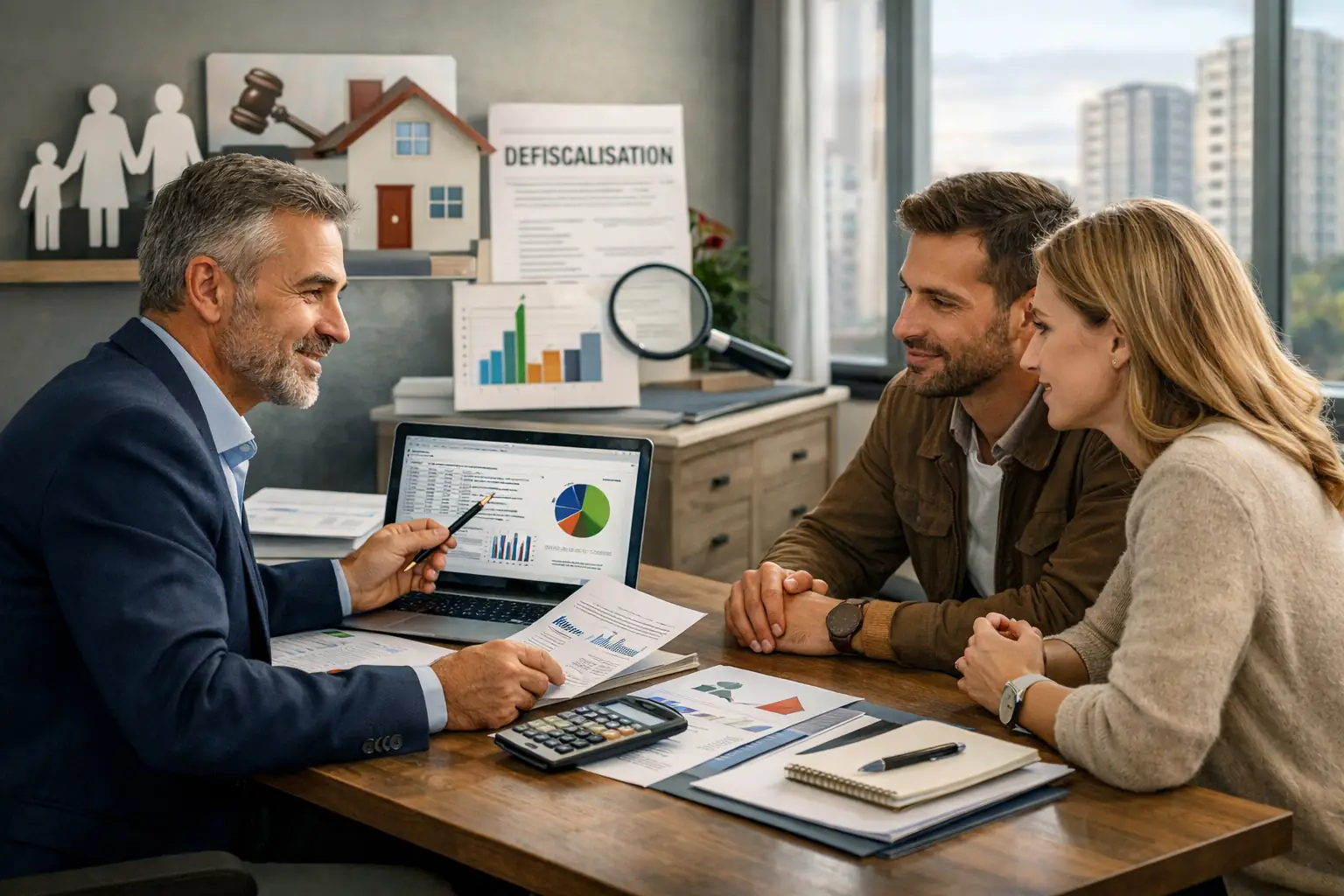 Consultant immobilier indépendant accompagnant un couple dans l’analyse d’un projet d’investissement immobilier avec simulations financières et stratégie patrimoniale