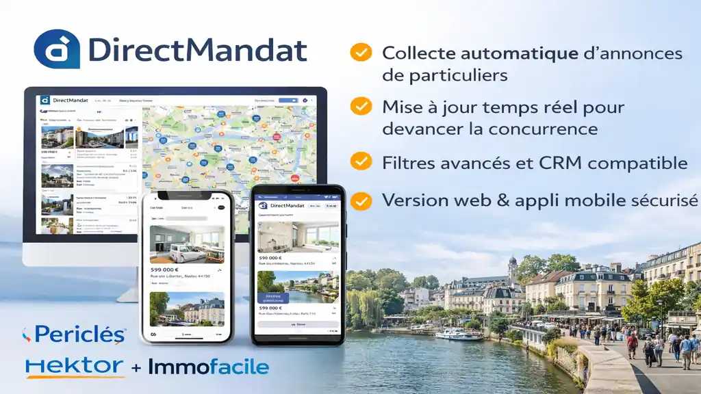 Interface de la solution DirectMandat de pige immobilière, affichée sur ordinateur et smartphones, avec carte des annonces de particuliers et outils de prospection pour professionnels de l’immobilier.