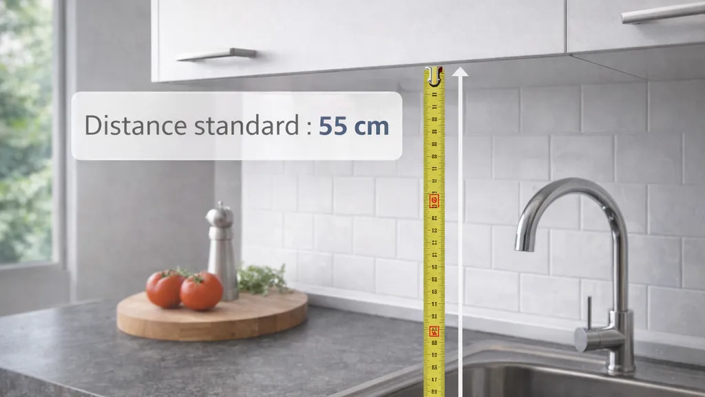 Hauteur meuble haut cuisine : la bonne distance au-dessus du plan de travail 1 Mesure de la distance entre plan de travail et meuble haut de cuisine dans une cuisine moderne, illustrant l’écart standard recommandé (environ 55 à 60 cm).