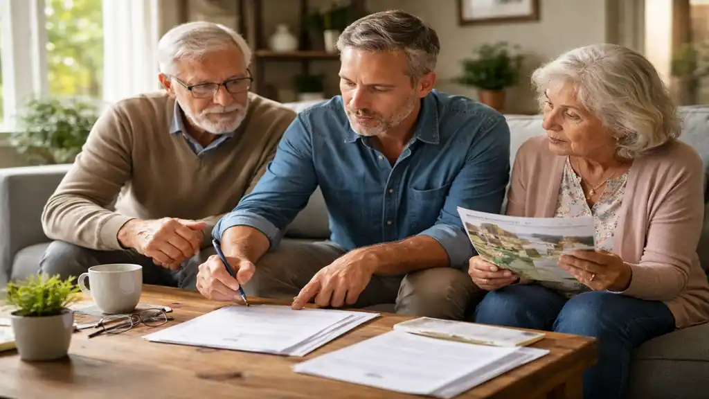 Discussion familiale autour de l’occupation de la maison d’un parent placé en EHPAD, avec un enfant et ses parents examinant des documents juridiques dans un salon.