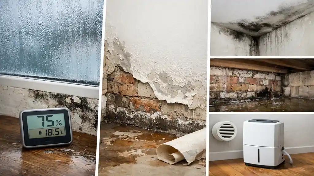 Humidité dans une maison avec condensation sur vitre, moisissures dans les angles et mur dégradé par remontées capillaires