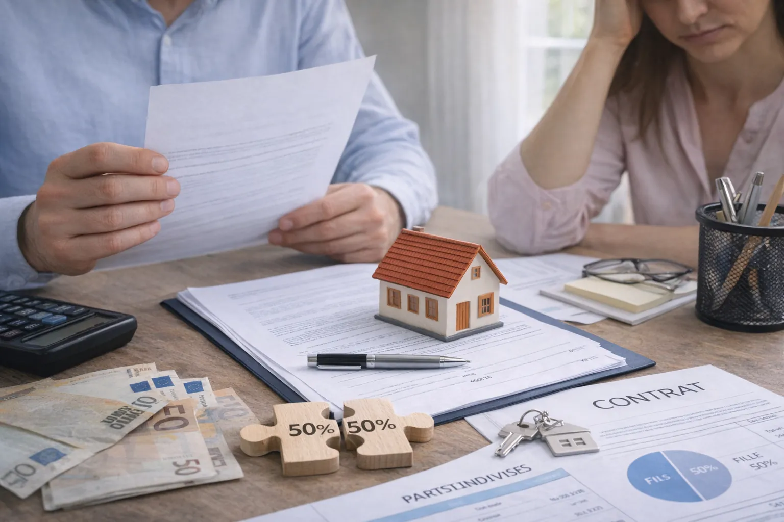 Maison en indivision entre frère et sœur : vendre, racheter ou sortir du blocage 1 Frère et sœur copropriétaires examinant des documents d’indivision immobilière avec maison miniature et parts de 50 % sur une table.