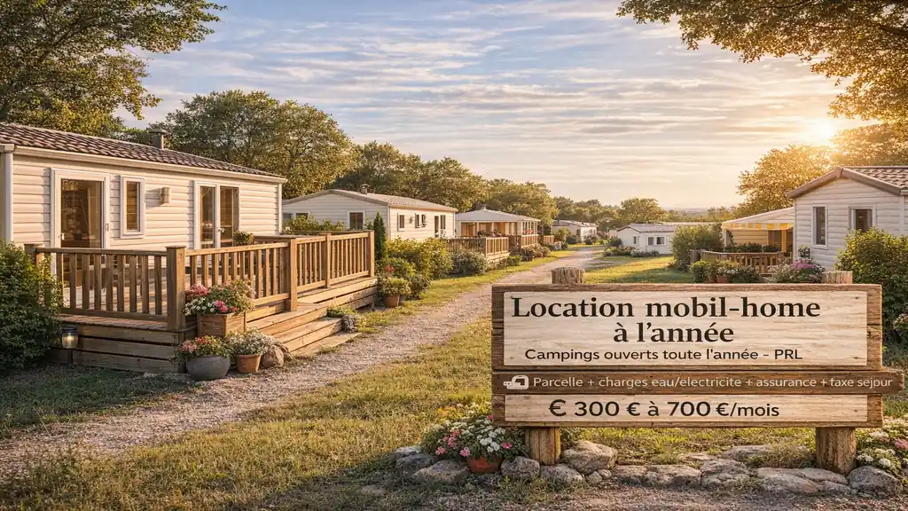 Parc de mobil-homes dans un camping ouvert toute l’année avec emplacements aménagés et allées paysagées