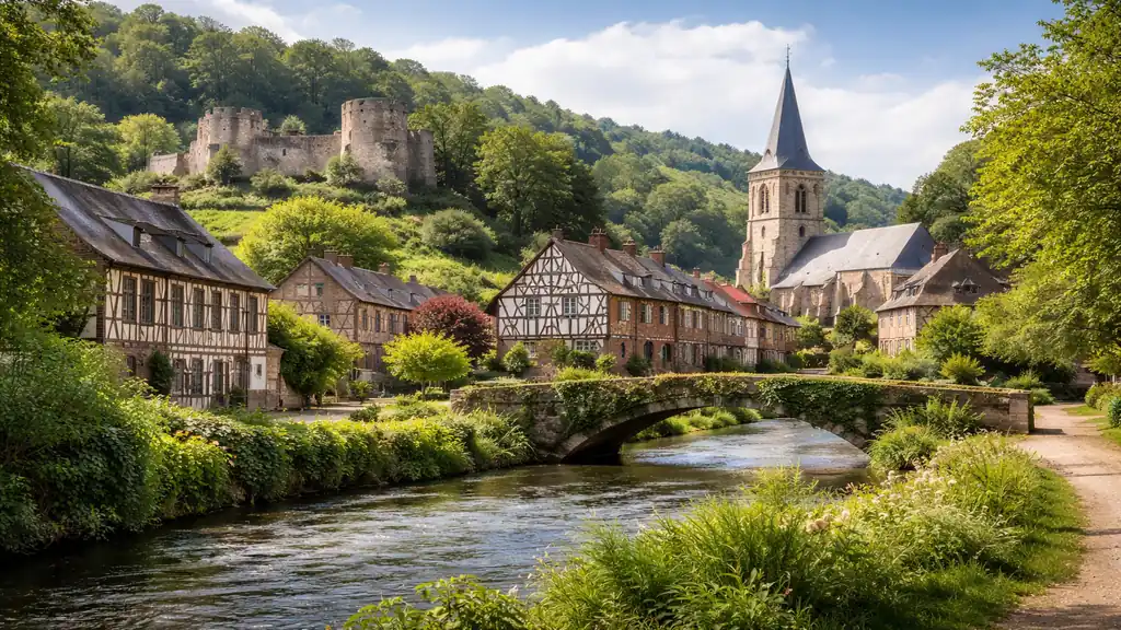 Vue du village de Longueville-sur-Scie en Seine-Maritime, avec la vallée de la Scie, les maisons normandes et les vestiges du château féodal dans un paysage rural du pays de Caux.