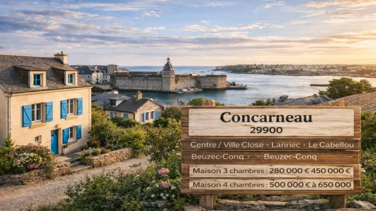 Maison à vendre Concarneau 29900 : prix, quartiers et conseils pour acheter 7 Vue de Concarneau avec maison bretonne, Ville Close et port en arrière-plan illustrant le marché des maisons à vendre à Concarneau 29900