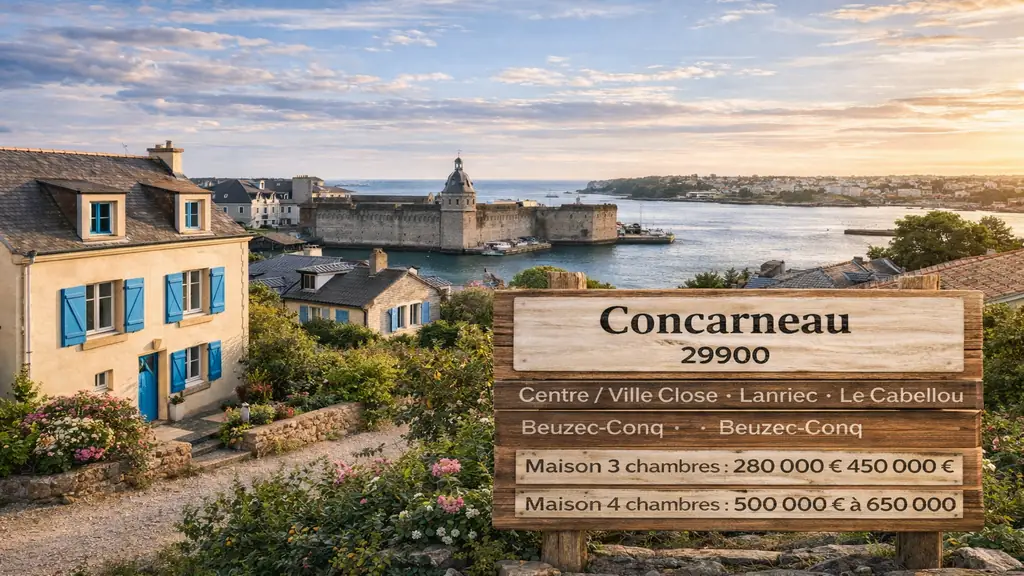 Maison à vendre Concarneau 29900 : prix, quartiers et conseils pour acheter 1 Vue de Concarneau avec maison bretonne, Ville Close et port en arrière-plan illustrant le marché des maisons à vendre à Concarneau 29900