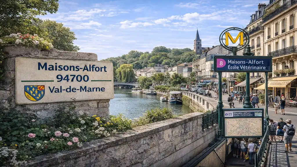 Vue de Maisons-Alfort dans le Val-de-Marne avec les bords de Marne, des immeubles résidentiels et l’entrée du métro ligne 8 École Vétérinaire, illustrant le cadre de vie et l’attractivité immobilière du 94700.