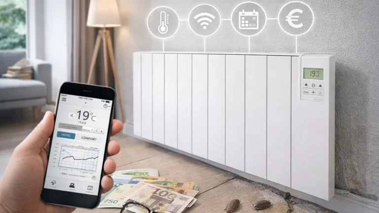 Radiateur électrique à inertie dans un salon moderne, avec thermostat digital et pilotage via smartphone, illustrant la régulation et le choix d’un chauffage principal confortable.
