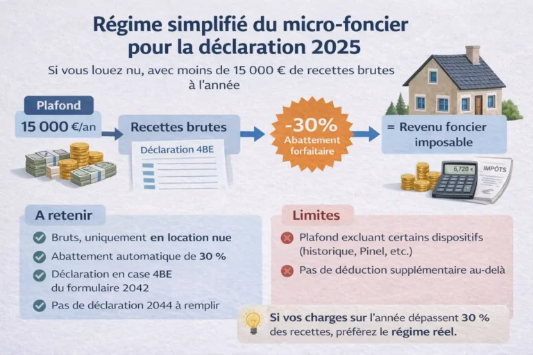 Micro-foncier 2025 : conditions, abattement 30 % et comment déclarer en case 4BE 7 Infographie explicative du régime micro-foncier 2025 avec plafond de 15 000 €, abattement forfaitaire de 30 % et déclaration en case 4BE pour les loyers en location nue