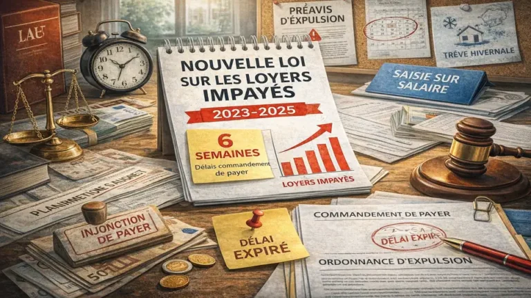 Illustration représentant la nouvelle loi sur les loyers impayés avec procédure d’expulsion, commandement de payer et saisie sur salaire