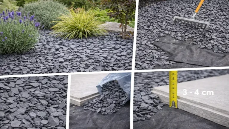 Paillage ardoise : épaisseur, quantité au m² et guide complet d'utilisation 1 Paillage ardoise posé sur géotextile dans un massif avec épaisseur de 3 à 4 cm
