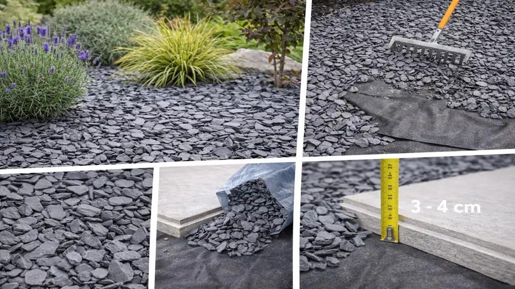 Paillage ardoise : épaisseur, quantité au m² et guide complet d'utilisation 1 Paillage ardoise posé sur géotextile dans un massif avec épaisseur de 3 à 4 cm