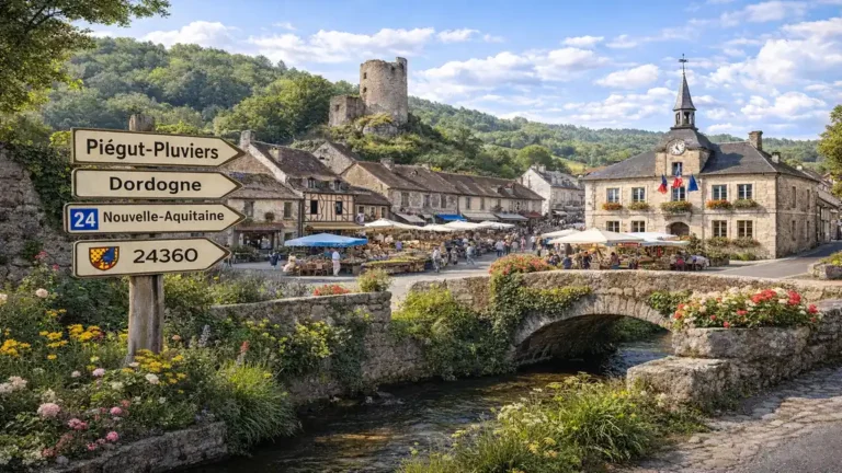 Vue du bourg de Piégut-Pluviers en Dordogne, avec le marché hebdomadaire, les maisons en pierre du Périgord Nontronnais et la tour médiévale dominant le village.