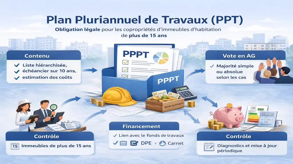 Schéma explicatif du plan pluriannuel de travaux en copropriété, montrant la planification des travaux, le vote en assemblée générale, le financement via le fonds de travaux et le suivi sur dix ans.