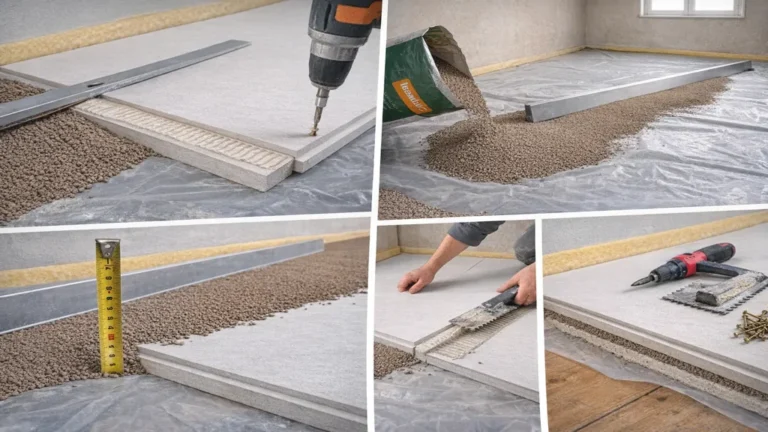 Pose de plaques de sol Fermacell sur granulés d’égalisation avec collage et vissage en rénovation