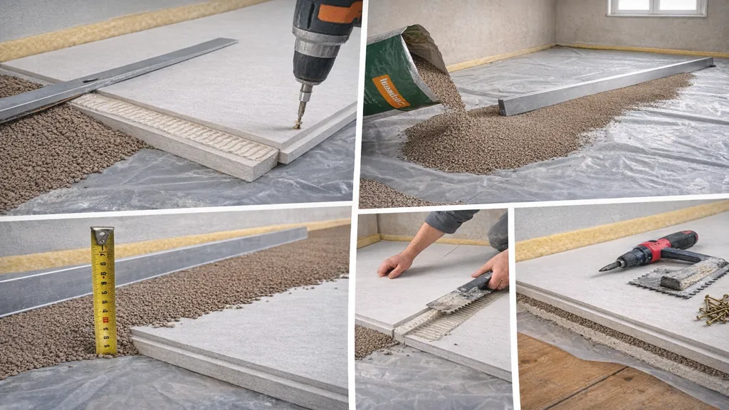 Pose de plaques de sol Fermacell sur granulés d’égalisation avec collage et vissage en rénovation