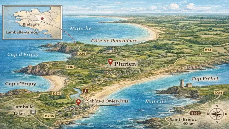 Carte illustrée de Plurien en Bretagne montrant la Côte de Penthièvre, Sables-d’Or-les-Pins, le Cap d’Erquy et le Cap Fréhel avec le littoral et les sentiers côtiers