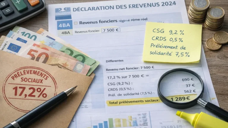 Documents fiscaux et calculatrice illustrant les prélèvements sociaux à 17,2 % sur les revenus fonciers, avec ventilation CSG, CRDS et prélèvement de solidarité.