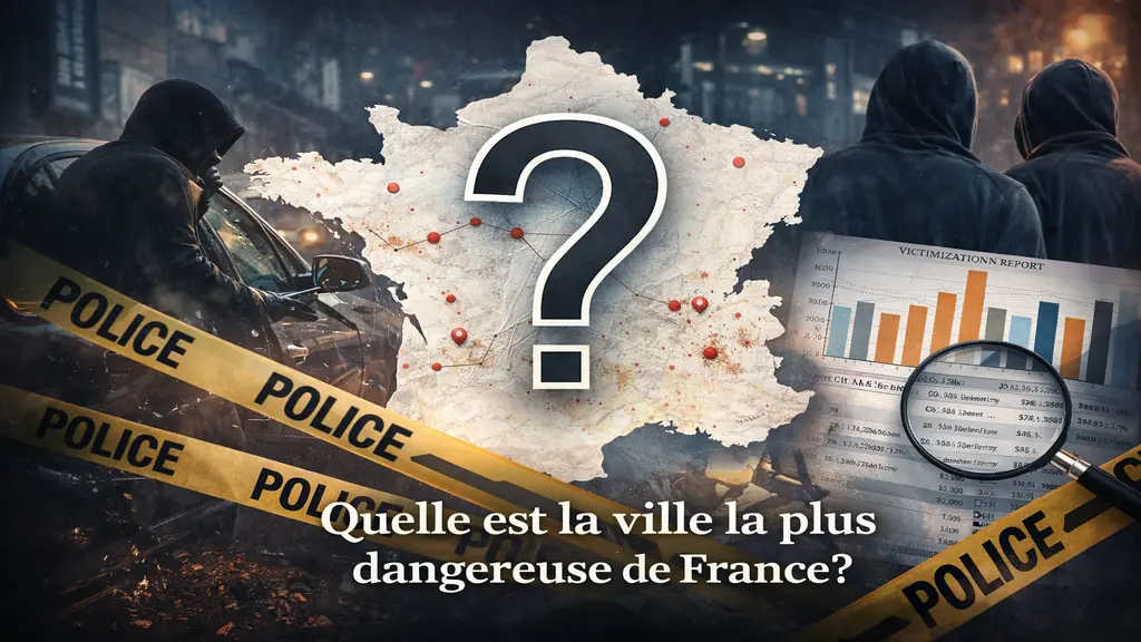 Illustration représentant la question de la ville la plus dangereuse de France avec carte du territoire, statistiques de criminalité et symboles policiers