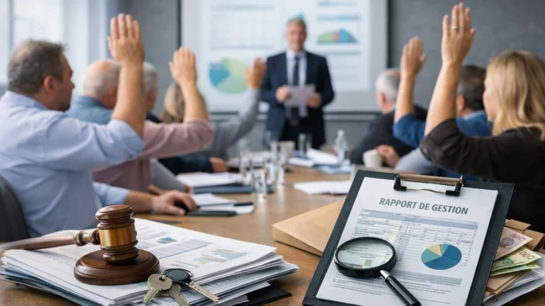 Quitus au syndic : faut-il le donner, et comment se protéger en AG ? 7 Assemblée générale de copropriété avec copropriétaires levant la main pour voter le quitus au syndic, documents de gestion et comptes sur la table.
