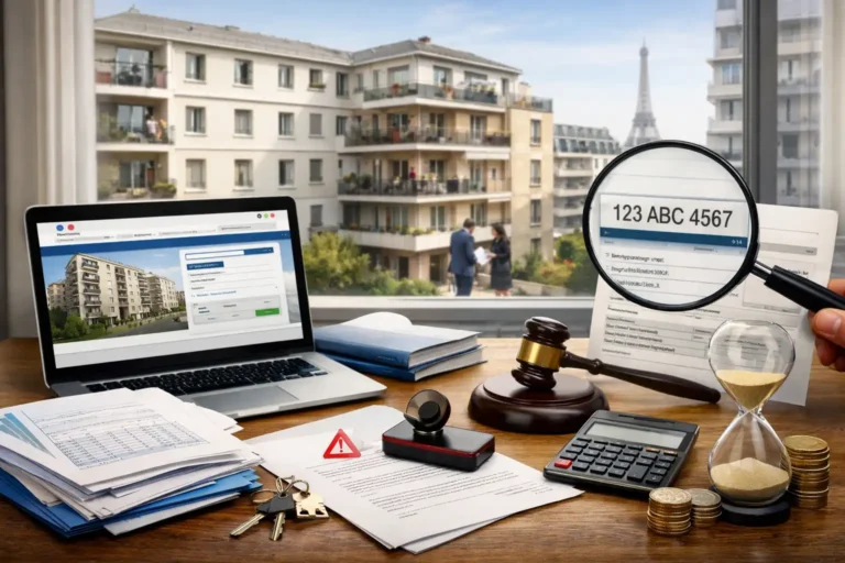 Bureau de syndic avec documents administratifs et immeuble en copropriété illustrant le registre national des copropriétés en France