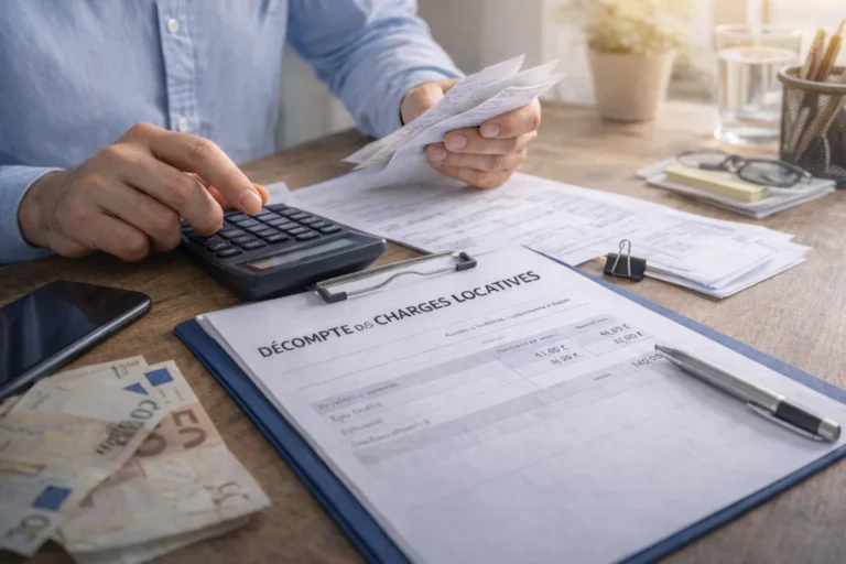 Calcul de régularisation des charges locatives avec factures, calculatrice et décompte annuel sur un bureau.