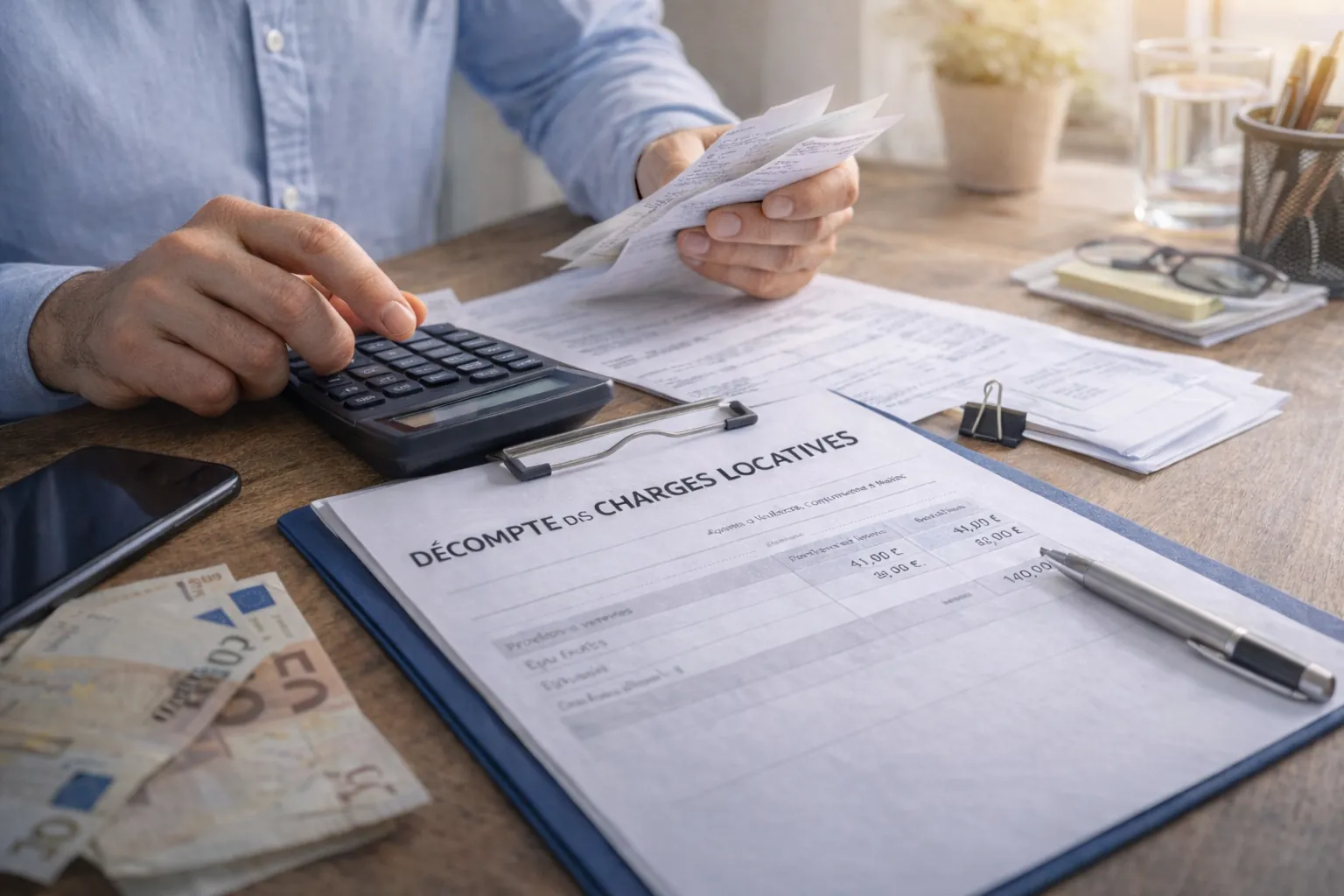 Calcul de régularisation des charges locatives avec factures, calculatrice et décompte annuel sur un bureau.