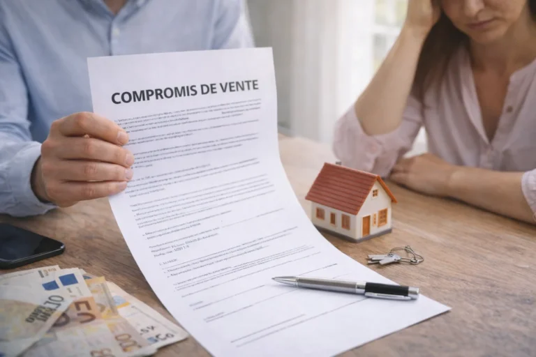J'ai signé un compromis de vente et je regrette : comment annuler, dans quels délais et à quel coût ? 7 Couple examinant un compromis de vente immobilier avec maison miniature, clés et documents sur une table.