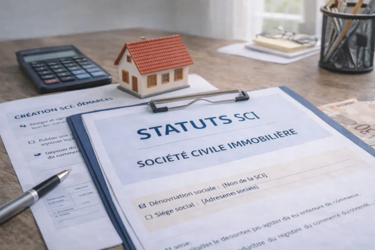 Documents de statuts de SCI posés sur un bureau avec maison miniature, calculatrice et formulaire de création de société civile immobilière.
