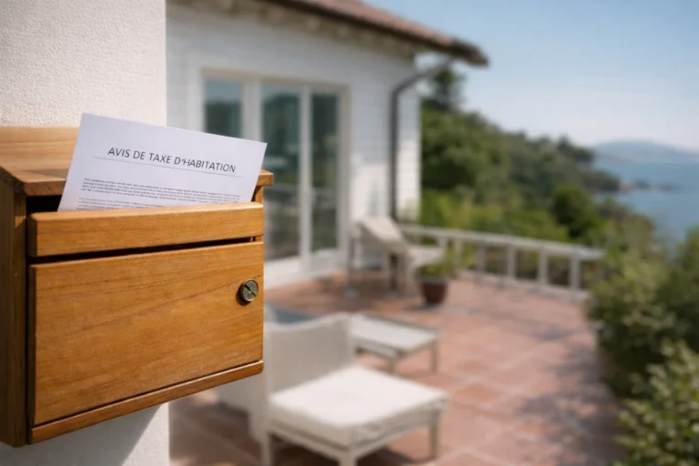 Boîte aux lettres en bois avec avis de taxe d’habitation visible, devant une résidence secondaire inoccupée en bord de mer.