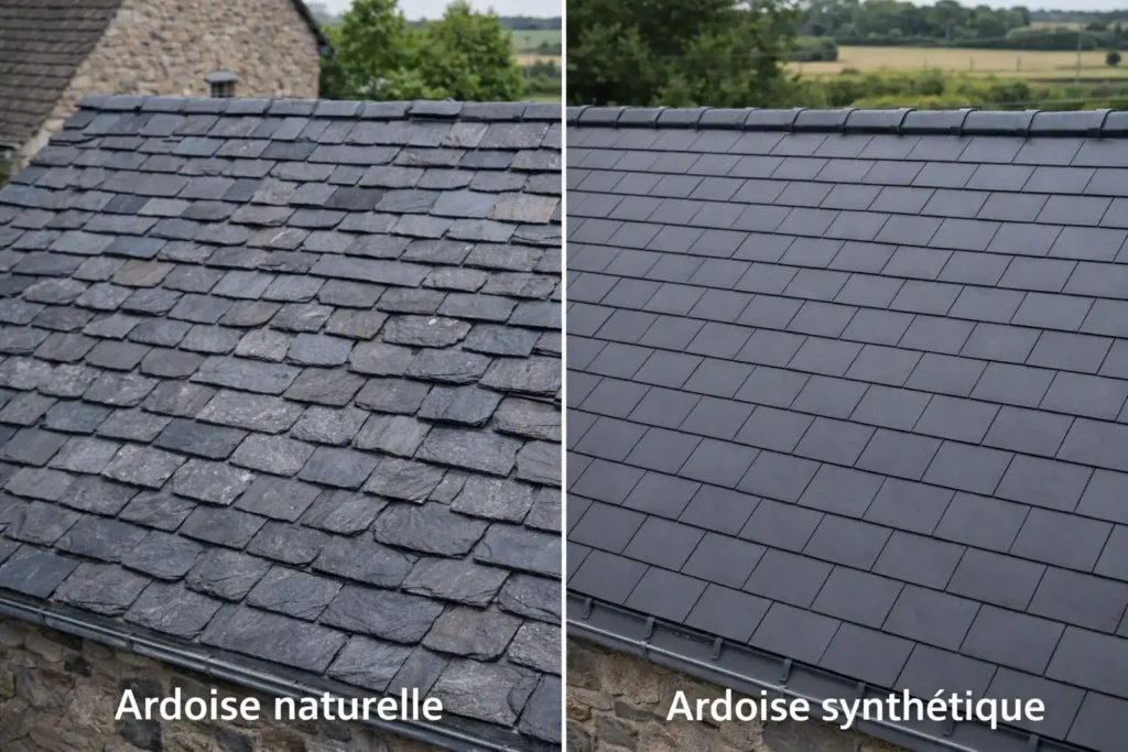 Comparatif toiture en ardoise naturelle et ardoise synthétique montrant la différence d’aspect, texture et uniformité des tuiles sur deux pans de toit.