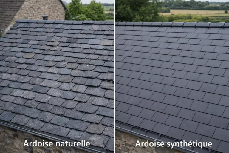 Comparatif toiture en ardoise naturelle et ardoise synthétique montrant la différence d’aspect, texture et uniformité des tuiles sur deux pans de toit.