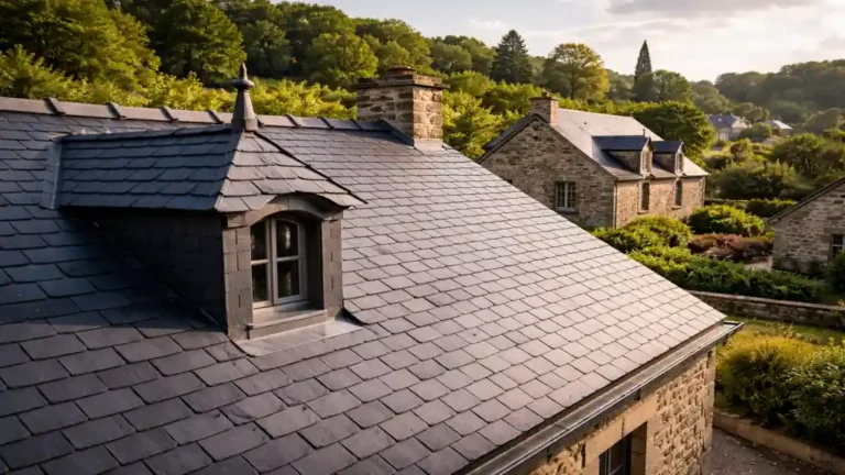 Ardoise : le matériau de toiture et de revêtement incontournable 1 Toiture traditionnelle en ardoise naturelle sur une maison en pierre, montrant la pose des ardoises et l’aspect du matériau de couverture durable.