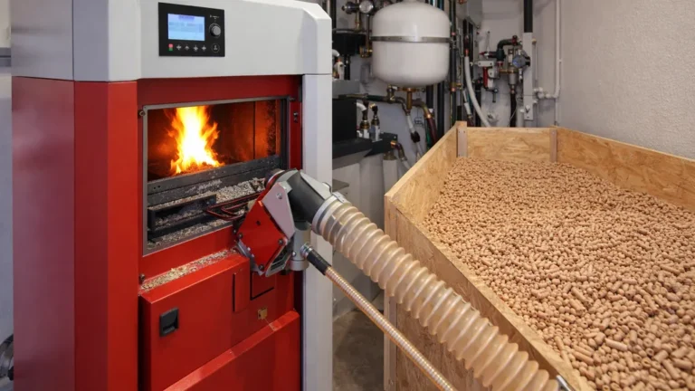 Chaudière biomasse à granulés installée dans une chaufferie avec silo de pellets et alimentation automatique en maison individuelle