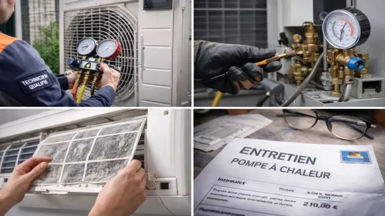 Technicien réalisant l’entretien d’une pompe à chaleur avec contrôle du circuit frigorifique, nettoyage des filtres et vérification de l’unité extérieure.