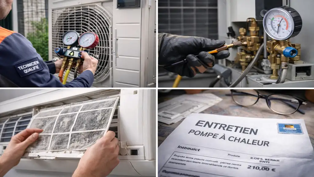 Technicien réalisant l’entretien d’une pompe à chaleur avec contrôle du circuit frigorifique, nettoyage des filtres et vérification de l’unité extérieure.